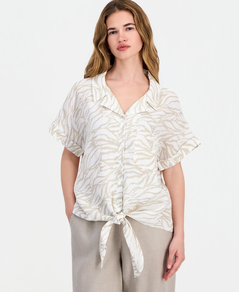 Charter Club Petite Linen Tie-Front Top, Exclusively at Macy's