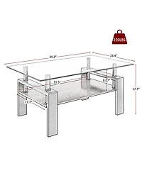 Rainsken 2-Tier Coffee Table, Rectangle Center Table with Tempered Glass Top, Mdf Shelf and Metal Legs for Living Room, Home Office
