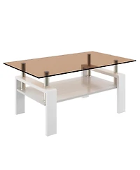 Rainsken Modern 2-Tier Coffee Table, Rectangle Center Table with Tempered Glass Top, Mdf Shelf and Metal Legs for Living Room, Home Office