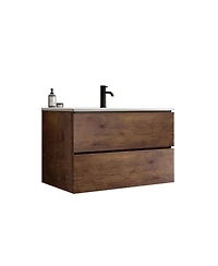 Thirtypeachy 30" Modern Walnut Wall Mount Vanity With Ceramic Sink, Single-Hole Top U-Channel Storage, Dtc Silent Close