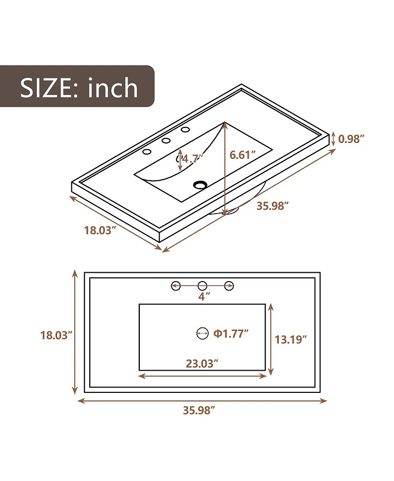 Sillysis 36" Bathroom Vanity with Ceramic Sink, Solid Wood Mdf Cabinet 6 Drawers, Adjustable Shelf for Storage