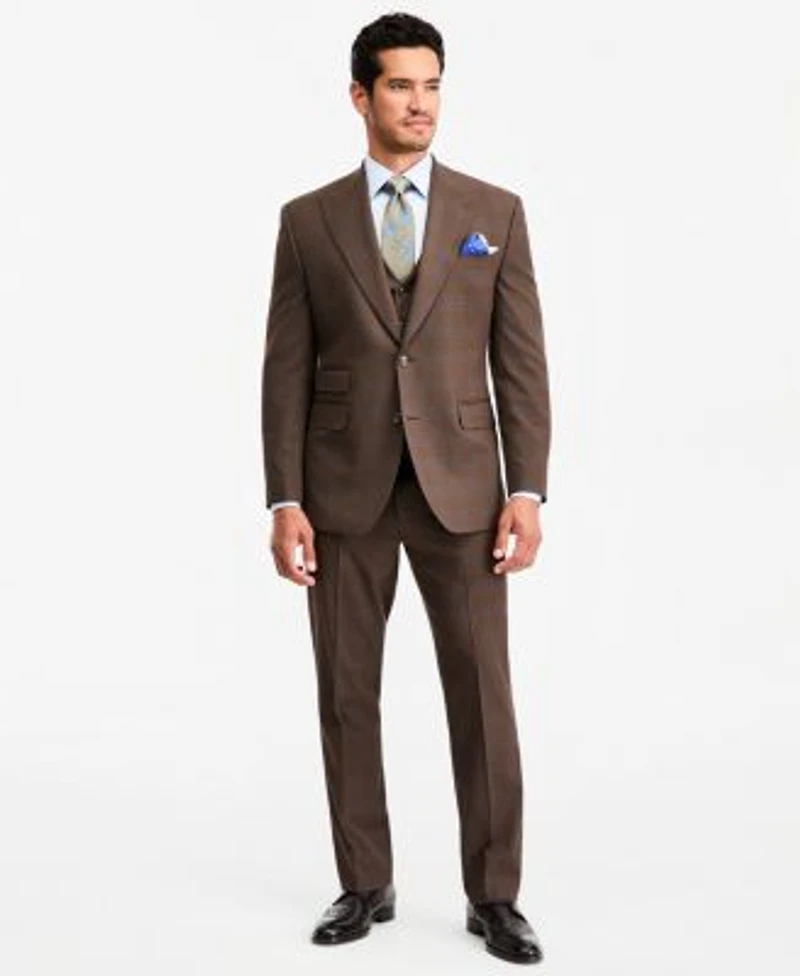 Tayion Collection Mens Classic Fit Brown Plaid Suit Separates