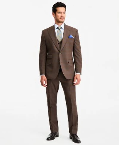 Tayion Collection Mens Classic Fit Brown Plaid Suit Separates