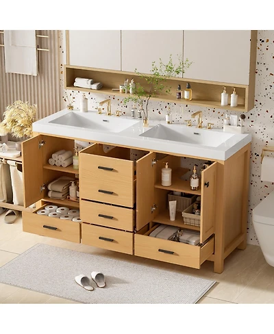 Sillysis 59.3 Inch Double Sink Bathroom Vanity with Solid Wood Frame, Soft Close Drawers & Adjustable Shelves for Modern Storage