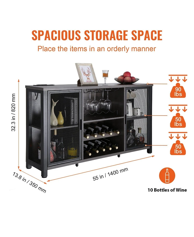 Gouun 47 Inch Industrial Bar Cabinet with Wine Rack and Power Outlets