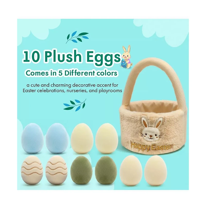 Sperric Easter Plush Bunny and Basket with Egg Toy Set, 13" Soft Cuddly Stuffed Bunny Bow and 9.5" Easter Basket with 10pc Plush Eggs