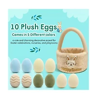 Sperric Easter Plush Bunny and Basket with Egg Toy Set, 13" Soft Cuddly Stuffed Bunny Bow and 9.5" Easter Basket with 10pc Plush Eggs