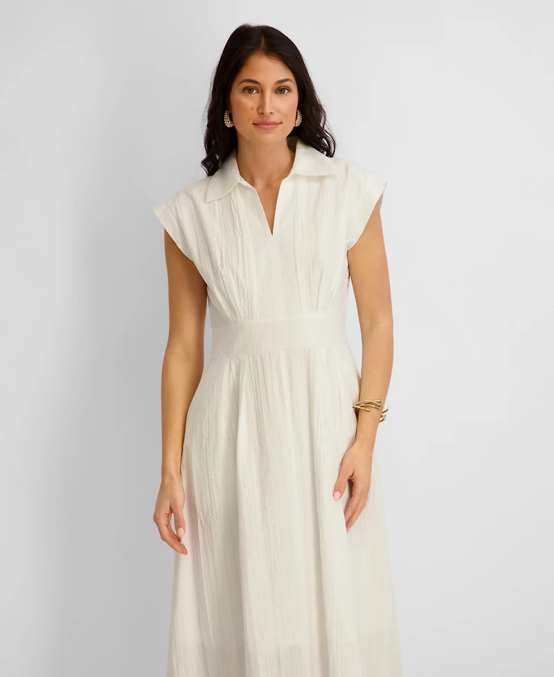 Women's Textured Stripe Midi Shirtdress with Collar