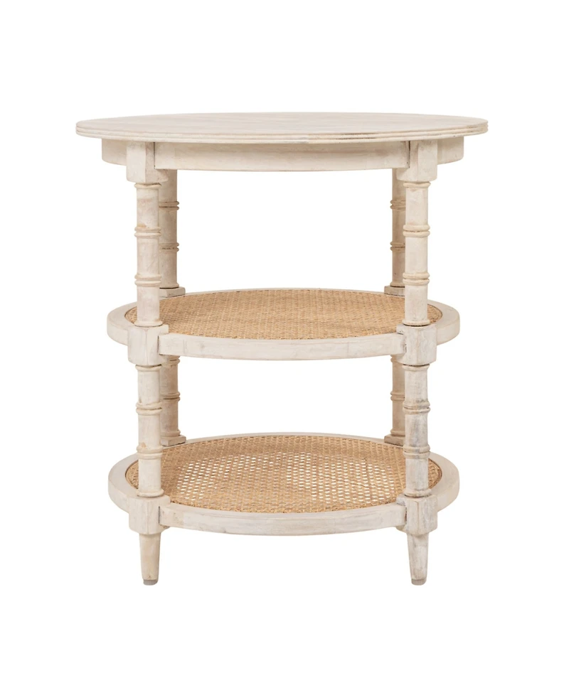 Storied Home Round 23" Wood End Table with 2-Woven Cane Shelves