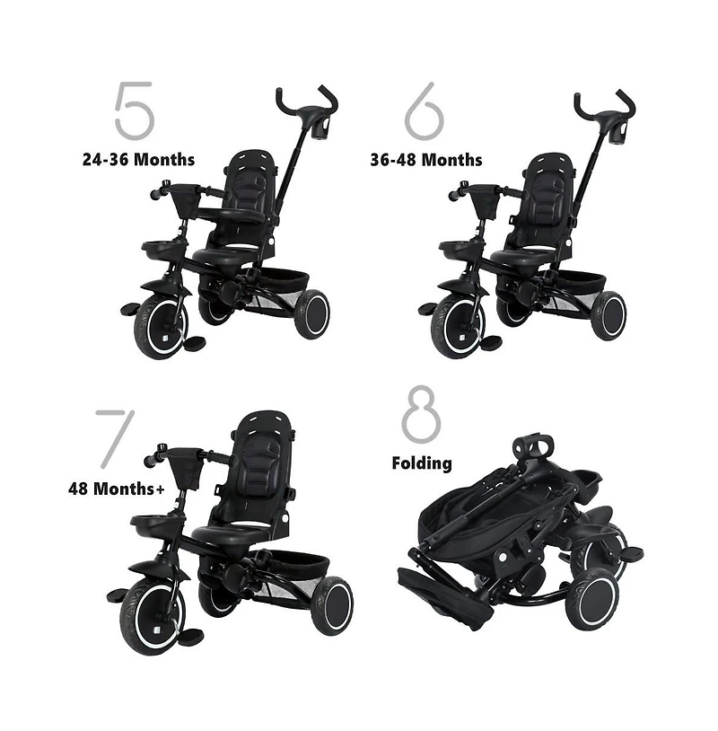Kinder King 8-in-1 Folding Kids Tricycle Stroller with Adjustable Push Handle, Convertible Toddler