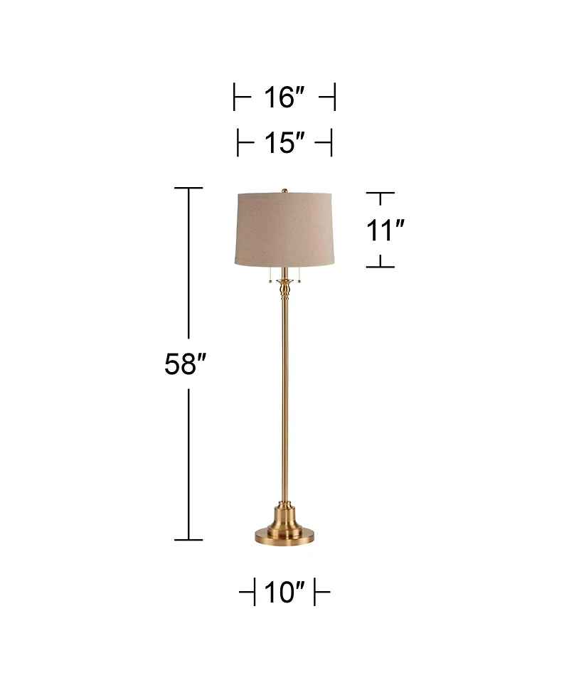 360 Lighting Dyna Traditional 58" Tall Standing Floor Lamp Skinny Pole Pull Chain Antique Brass Finish Linen Taupe Shade