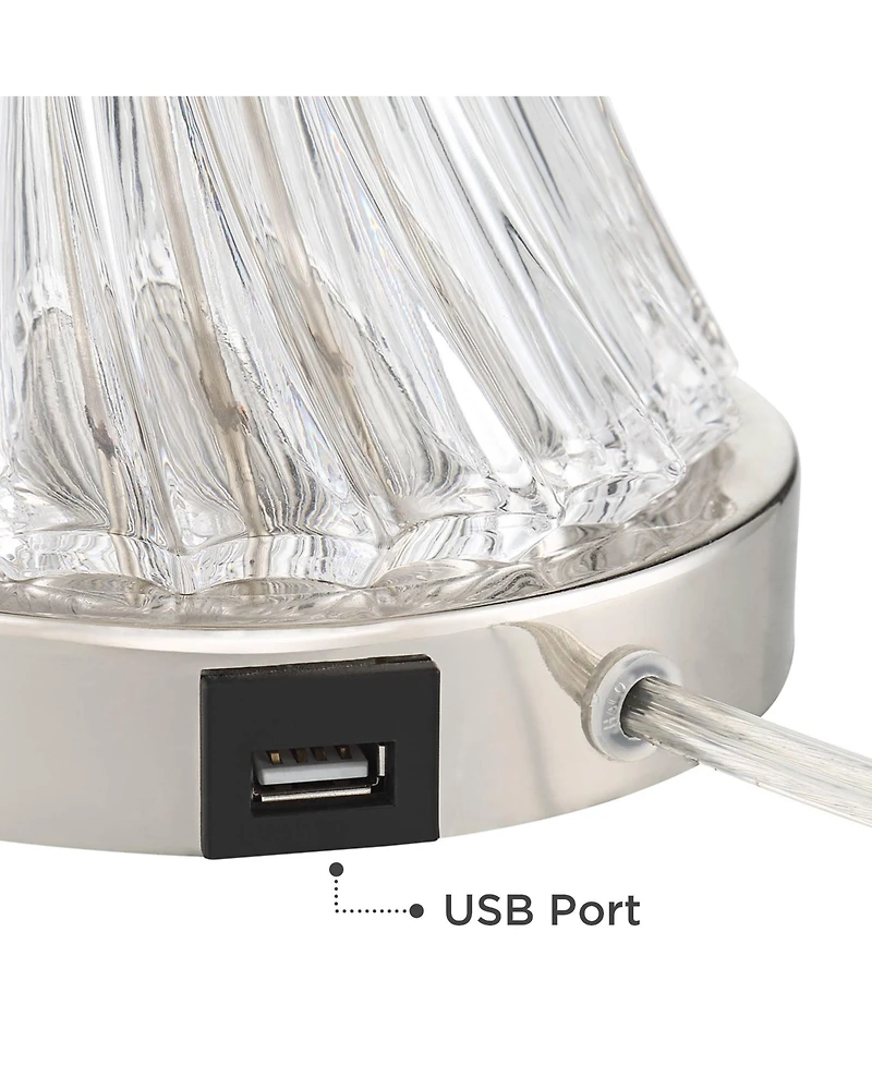 Regency Hill Luca Modern Table Lamps 25 1/2" High Set of 2 Clear Glass with Usb Charging Port Faux Silk Shade for Bedroom Living Room Home Desk