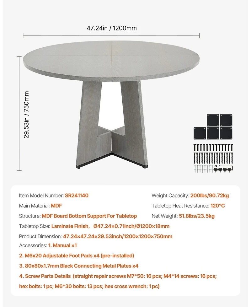 Gouun 47 Inch Round Dining Table for 4 to 6 with Wood Look Top