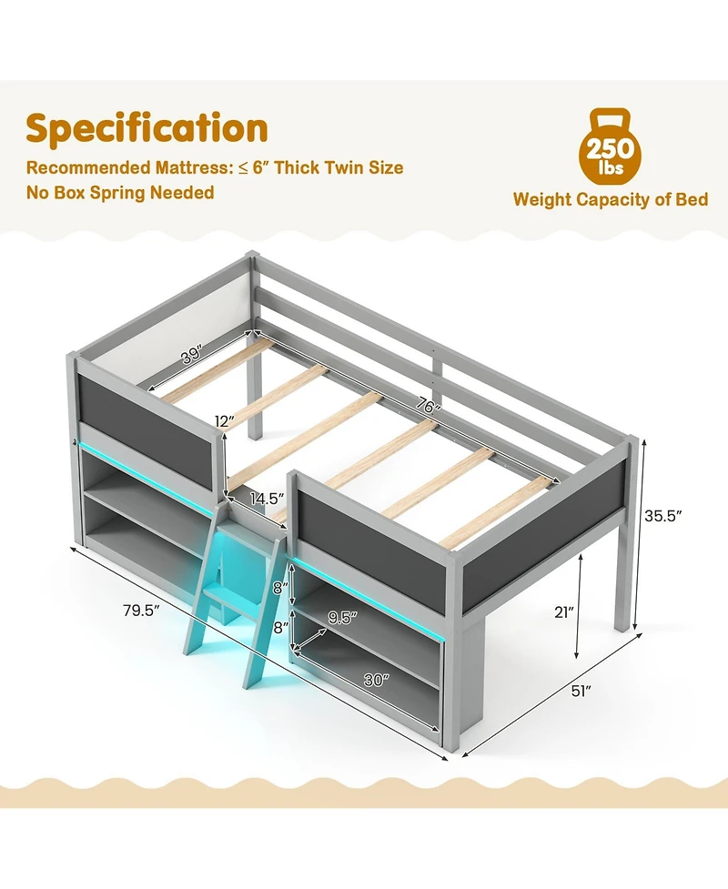Gouun Low Loft Bed with Led Lights Kid's Cabin Bed with Bookcases