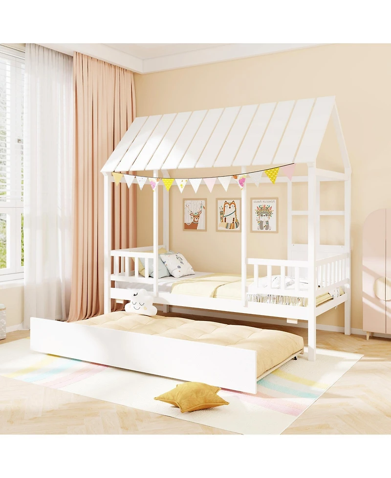 Gouun House Bed with Trundle Kids Platform Bed with Roof Window