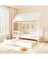 Gouun House Bed with Trundle Kids Platform Bed with Roof Window