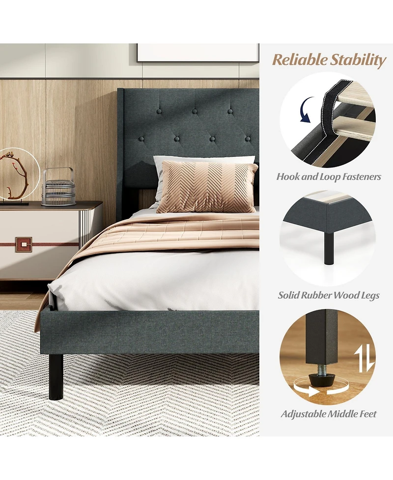 Gouun Upholstered Bed Frame with Button Tufted Wingback Headboard and Wooden Slats Support Mattress Foundation