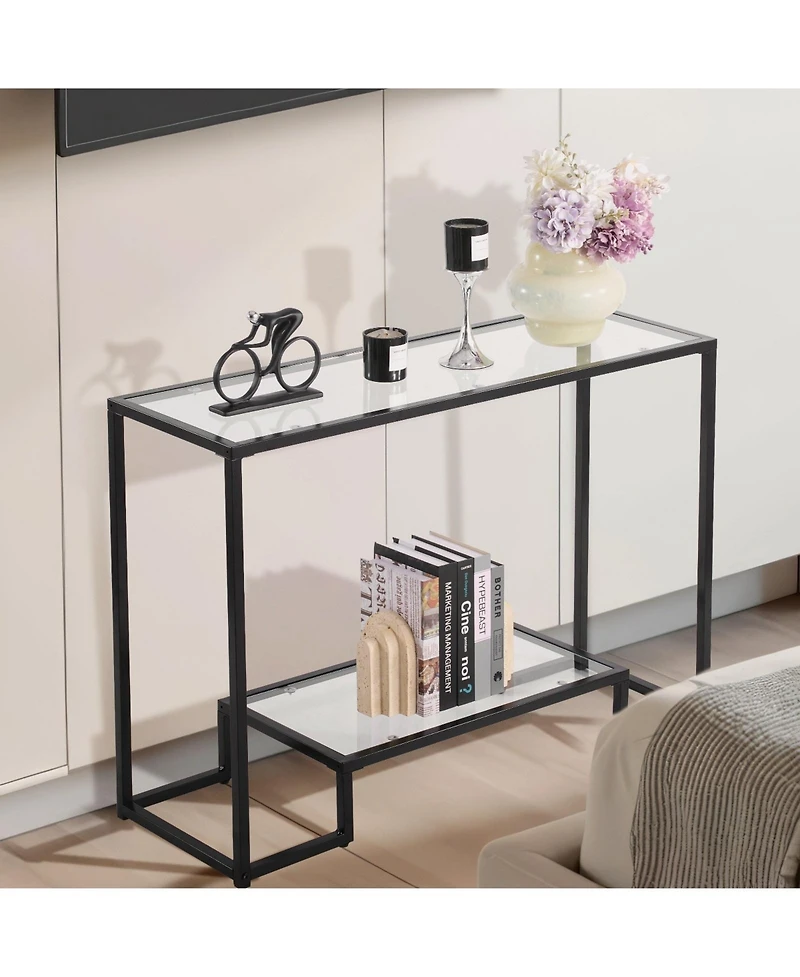 Gouun 2 Tier Glass Console Table with Metal Frame for Entryway