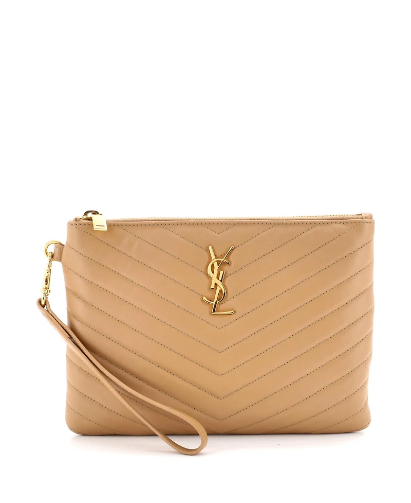 Pre-Owned Saint Laurent Small Classic Monogram Wristlet Pouch Matelasse Chevron Leather