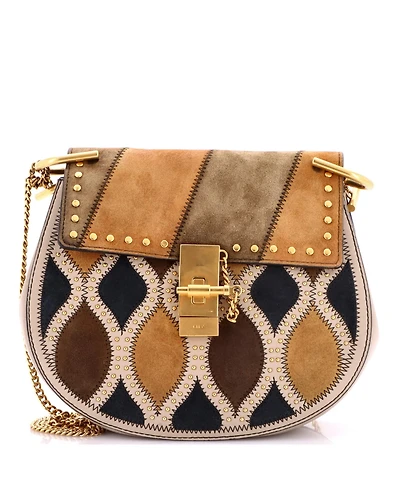 Pre-Owned Chloe Small Drew Patchwork Crossbody Bag Studded Leather and Suede