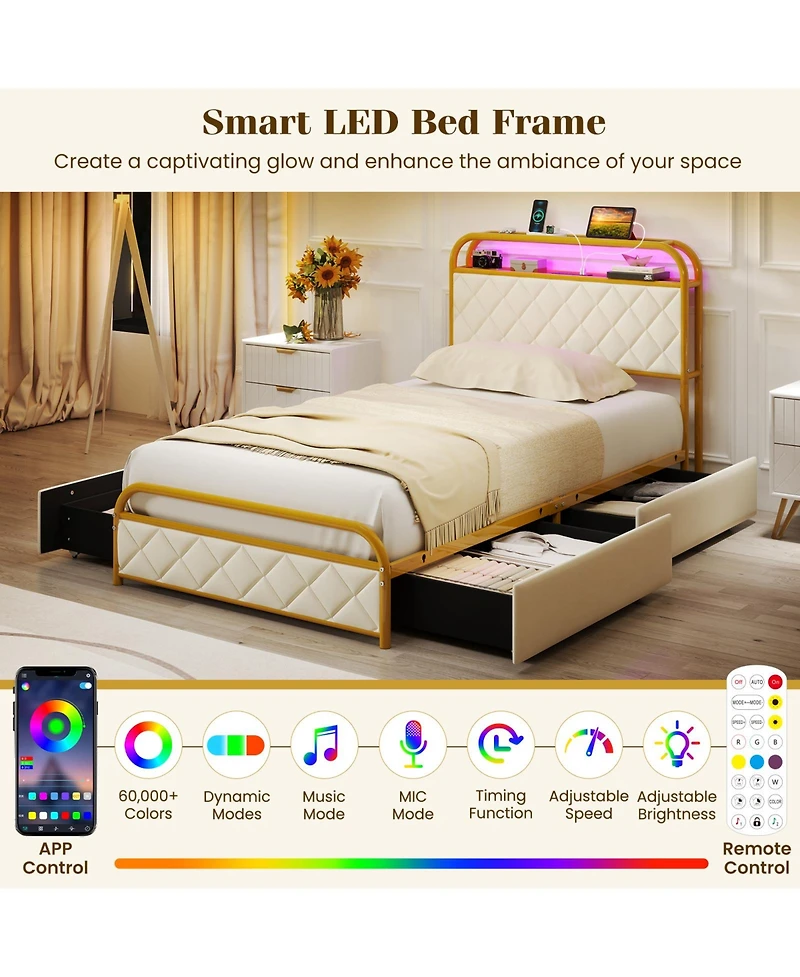 Gouun Twin Size Bed Frame with Led Lights and Charging Station