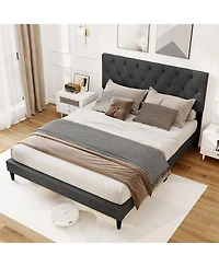 Gouun Queen Size Upholstered Platform Bed with Tufted Headboard and Wooden Slats