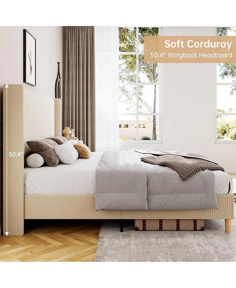 gaomon Corduroy Upholstered Bed Frame Vertical Stripe Wingback Headboard No Box Spring Wooden Slats Noise-Free Design