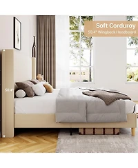 gaomon Corduroy Upholstered Bed Frame Vertical Stripe Wingback Headboard No Box Spring Wooden Slats Noise-Free Design