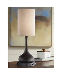 360 Lighting Modern Table Lamp with Dimmable Usb and Outlet Workstation Base 24.5" High Bronze Tan Fabric Cylinder for Living Room Desk Bedroom