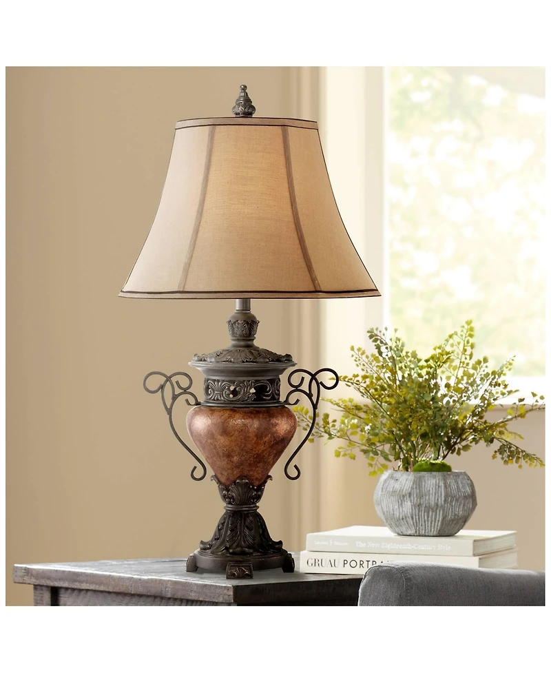 Regency Hill Traditional Table Lamp Tall Usb Charging Port Urn Faux Silk Bell Shade for Bedroom Living Room Office