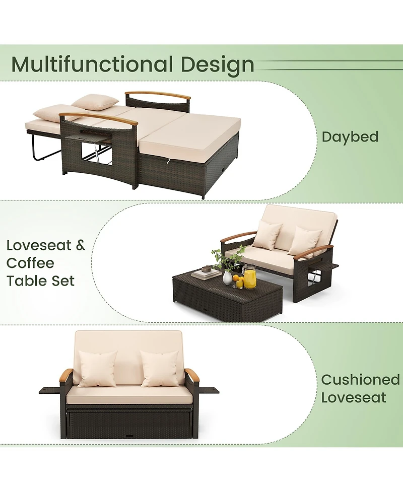 Gymax Patio Rattan Daybed Set w/ Cushioned Loveseat and Storage Ottoman