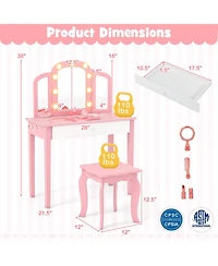 Gouun 2-in-1 Kids Vanity Table Set with Tri-Folding Detachable Mirror and Led Lights