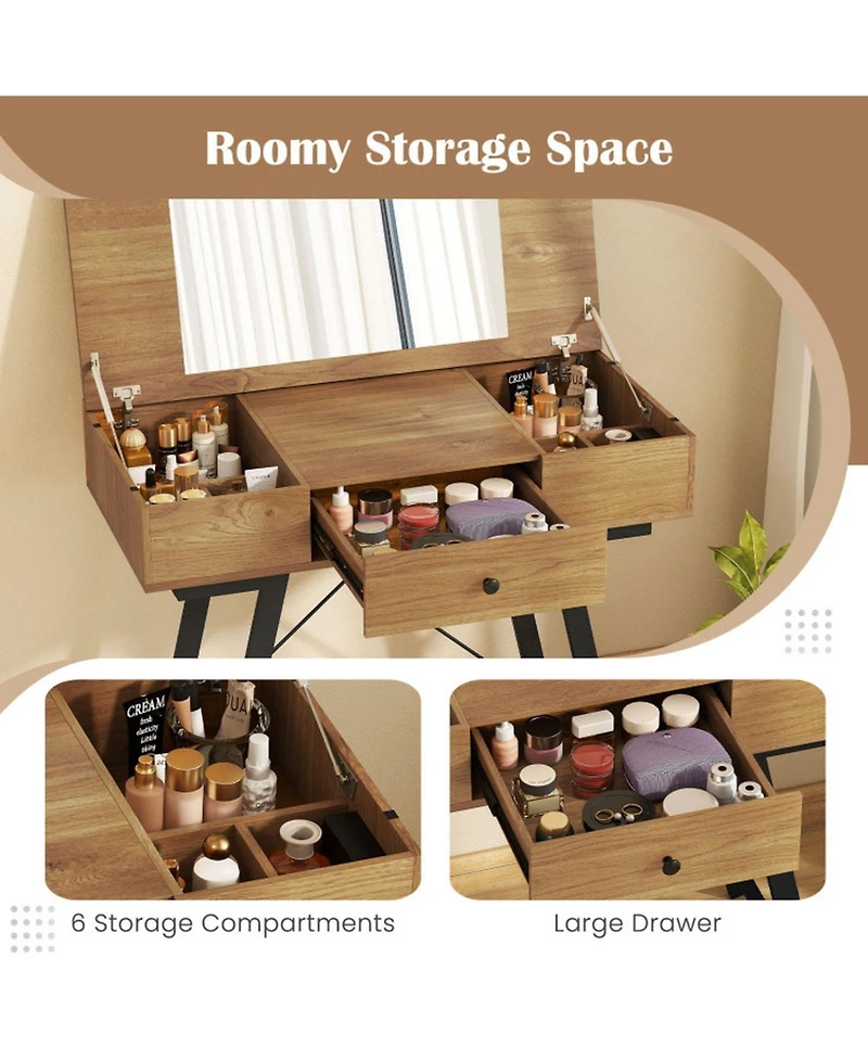 Gouun Flip Top Mirror Vanity Desk with Power Outlets and Storage Compartments
