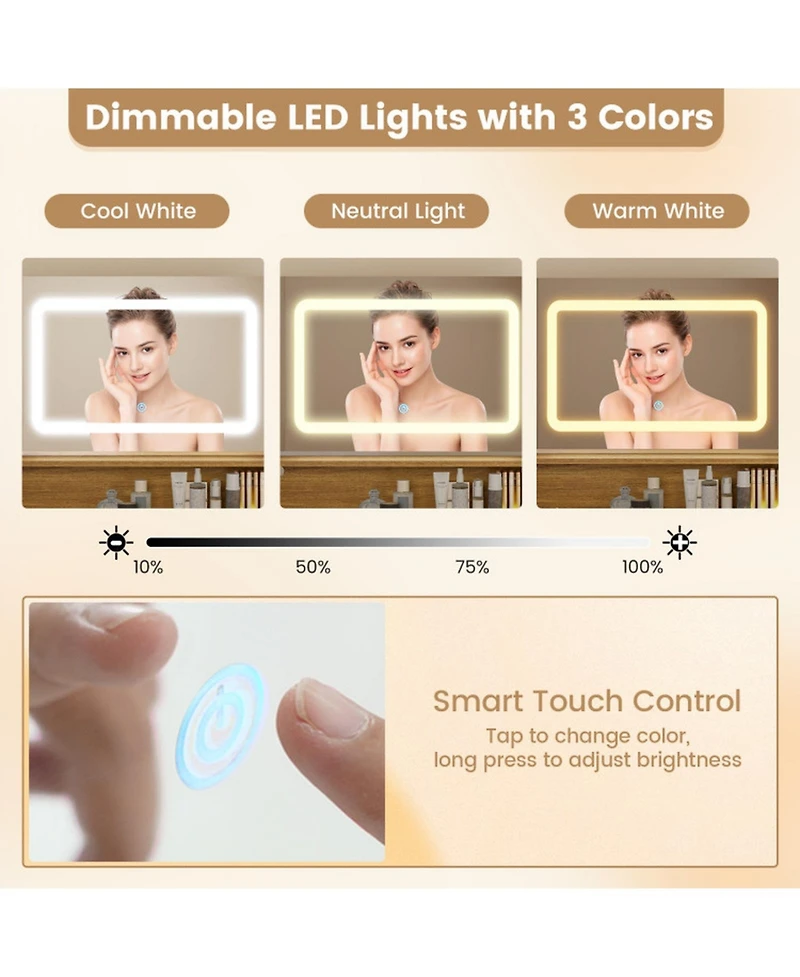 Gouun Small Vanity Desk with Led Mirror and Cushioned Stool for Small Spaces