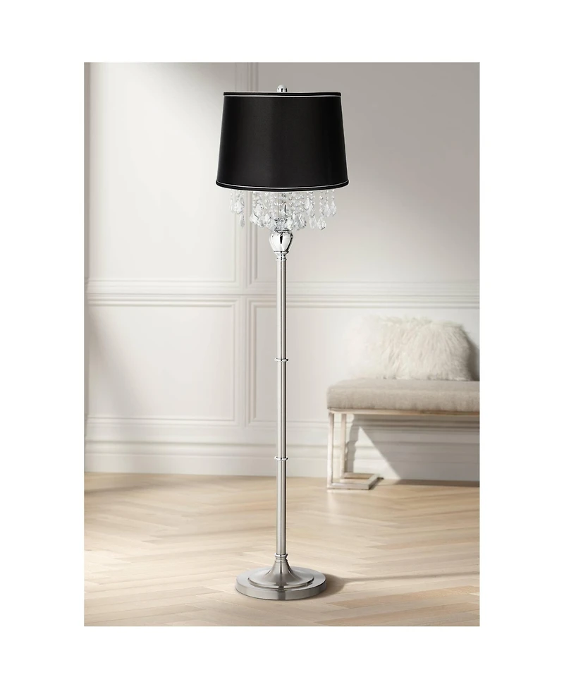 360 Lighting Modern Floor Lamp 62.5" Tall Satin Steel Chrome Crystal Chandelier Satin Fabric Drum Shade for Living Room Reading Bedroom