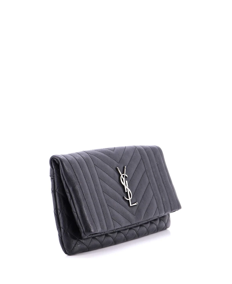 Pre-Owned Saint Laurent Classic Monogram Fold Over Clutch Mixed Matelasse Leather