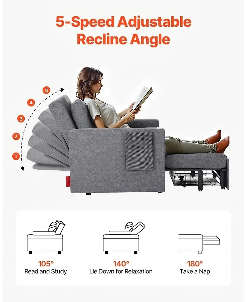Gouun Convertible Sleeper Sofa Bed with 5 Adjustable Angles, Side Pockets, and Pull-Out Design