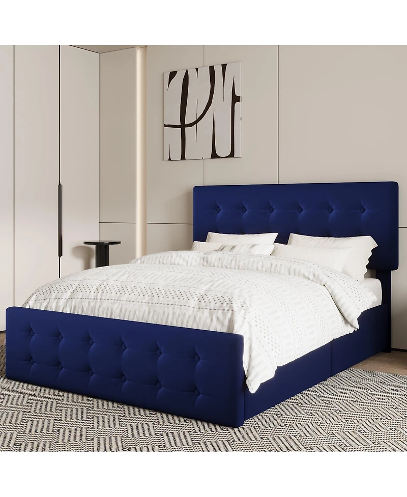 gaomon bed Frame 4 Storage Drawers Linen Upholstered Headboard Wooden Slats No Box Spring Button Tufted