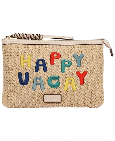 Tommy Bahama Happy Vacay Raffia Clutch – Woven Straw Zip Pouch with Embroidered Lettering