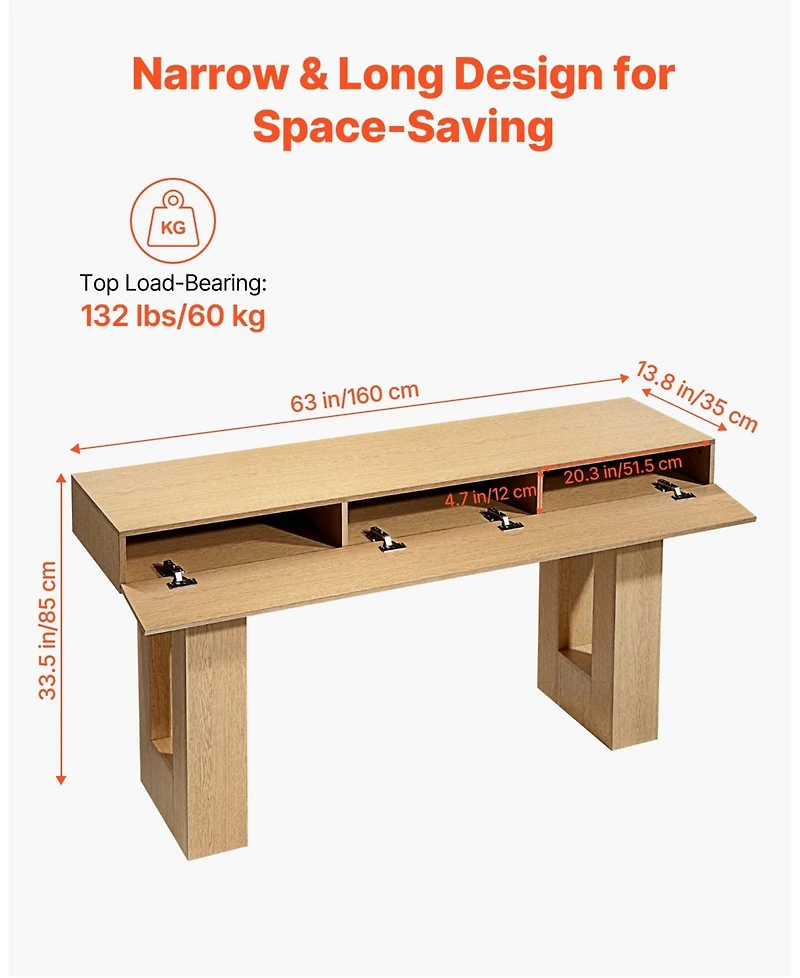 Gouun 63 Inch Farmhouse Console Table with Shelf and Hidden Storage