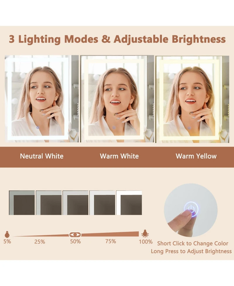 Gouun Vanity Desk with Lighted Mirror Storage Cabinet and Cushioned Stool