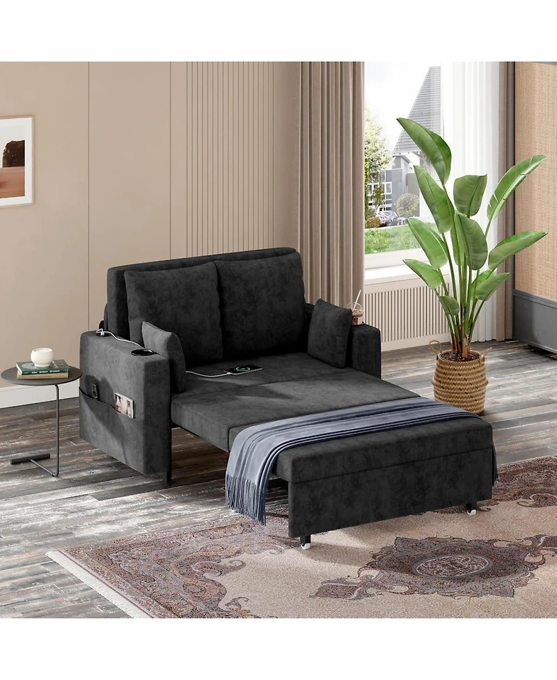 gaomon 56" Sleeper Loveseat Sofa Bed, Pull-Out Couch with Usb Ports, Cup Holders and Side Pockets