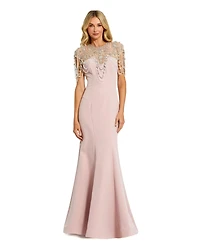 Mac Duggal Women's Pearl Beaded Draped Mermaid Evening Gown