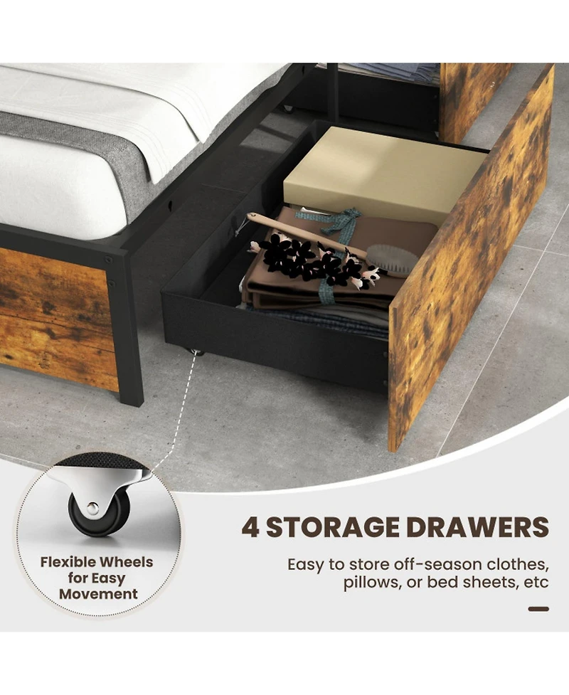 Gouun Metal Platform Bed Frame with Led Lights and Storage Drawers and Headboard