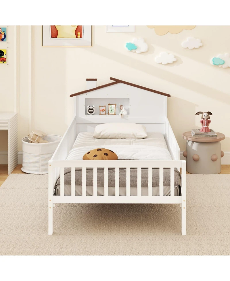Gouun Twin Kids Montessori Bed with Storage Shelves and House-Shaped Headboard