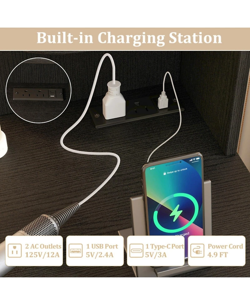 Gouun Makeup Vanity Set with Lighted Mirror Power Outlet and Cushioned Stool