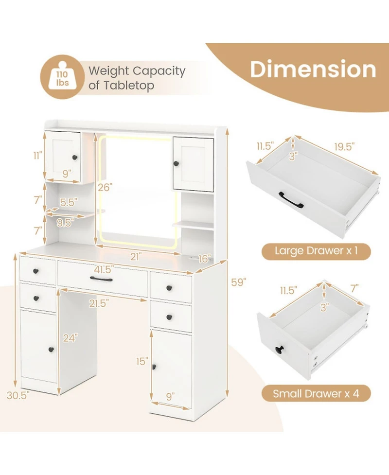 Gouun Makeup Vanity Desk with Led Lighted Mirror and Built-In Charging Station