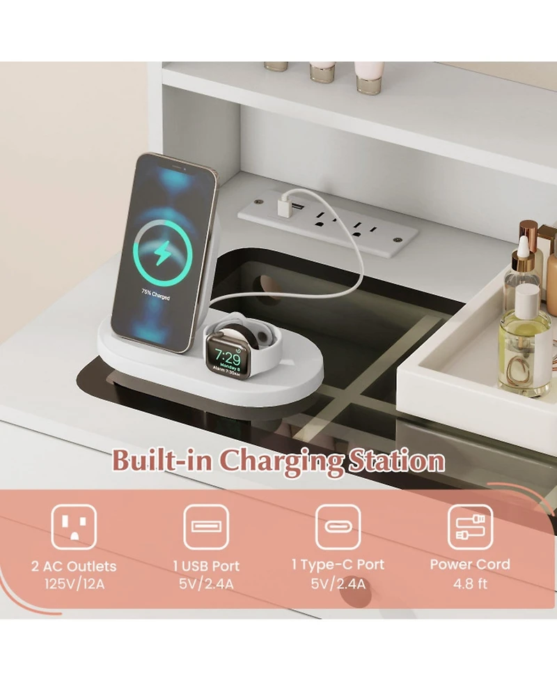 Gouun Small Vanity Desk with Lighted Mirror and Stool Set for Bedroom