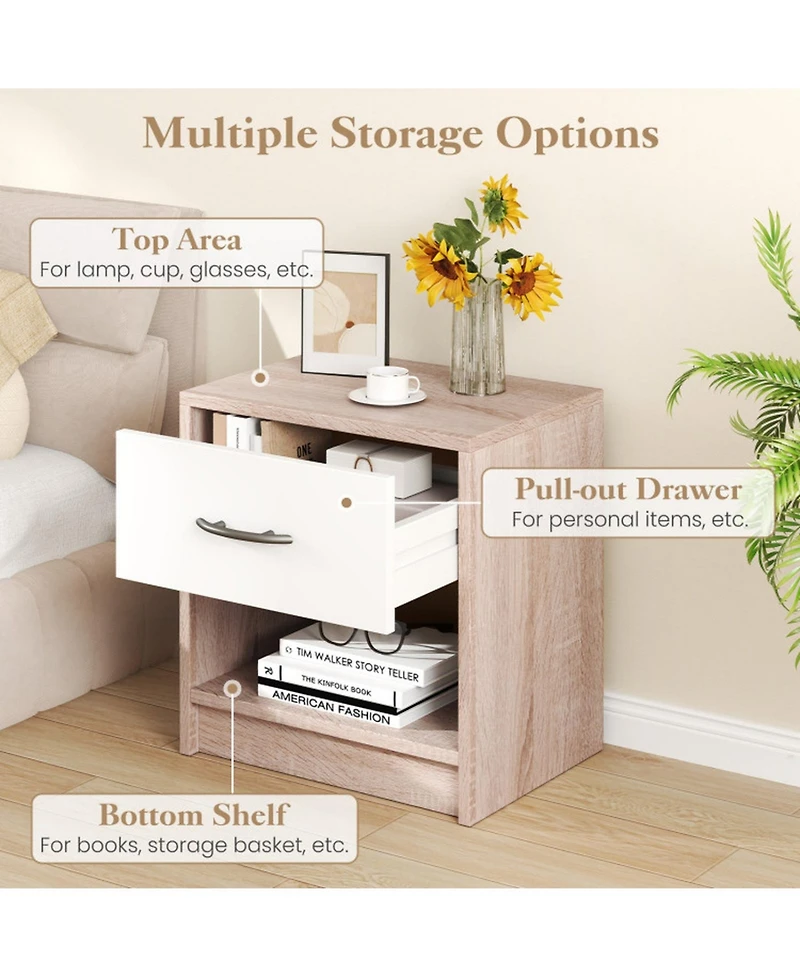 Gouun Compact Bedside Table with Drawer and Open Storage Shelf