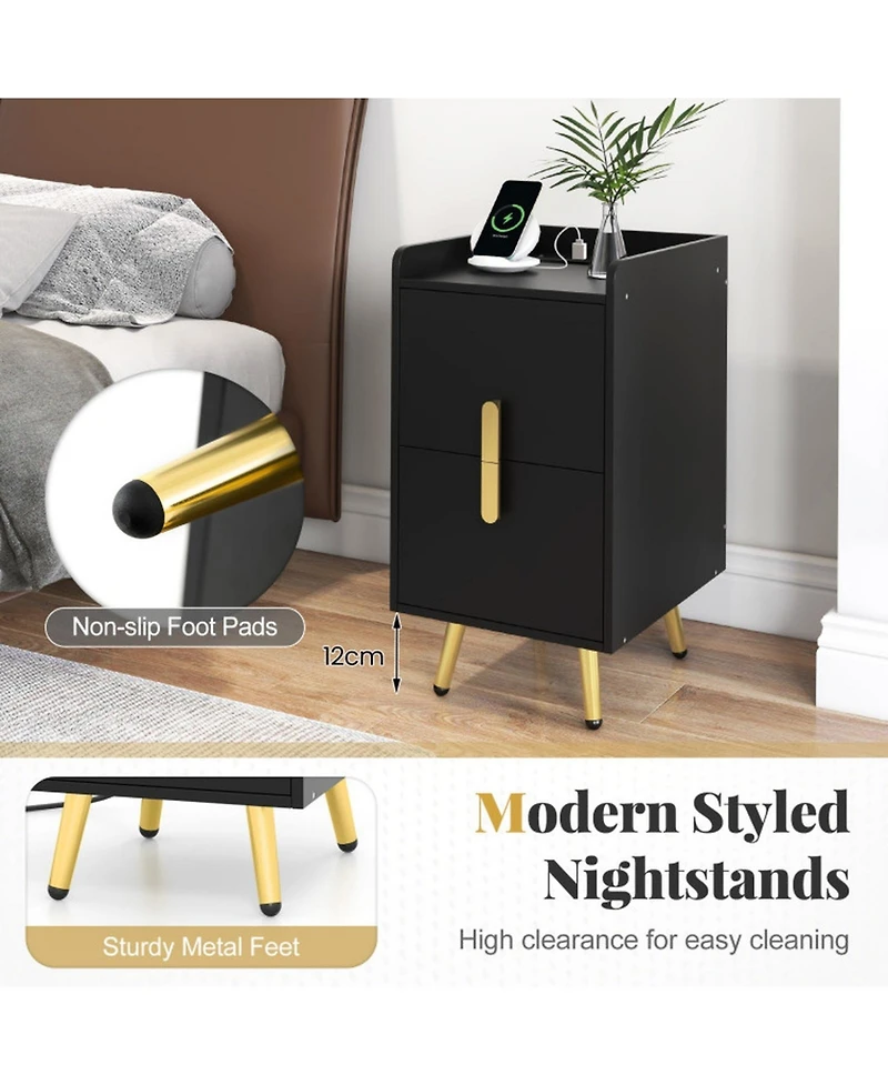 Gouun Nightstand with 2 Drawers and Usb Charging Ports